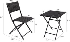 C-Hopetree 3 Piece Bistro Set, Foldable Outdoor Patio Furniture Sets with Rattan Wicker Folding Table and 2 Chairs for Porch Balcony, Black